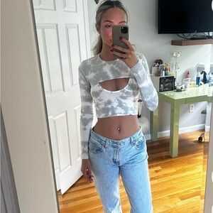 Zara Gray and White Tie-Dye Crop Top